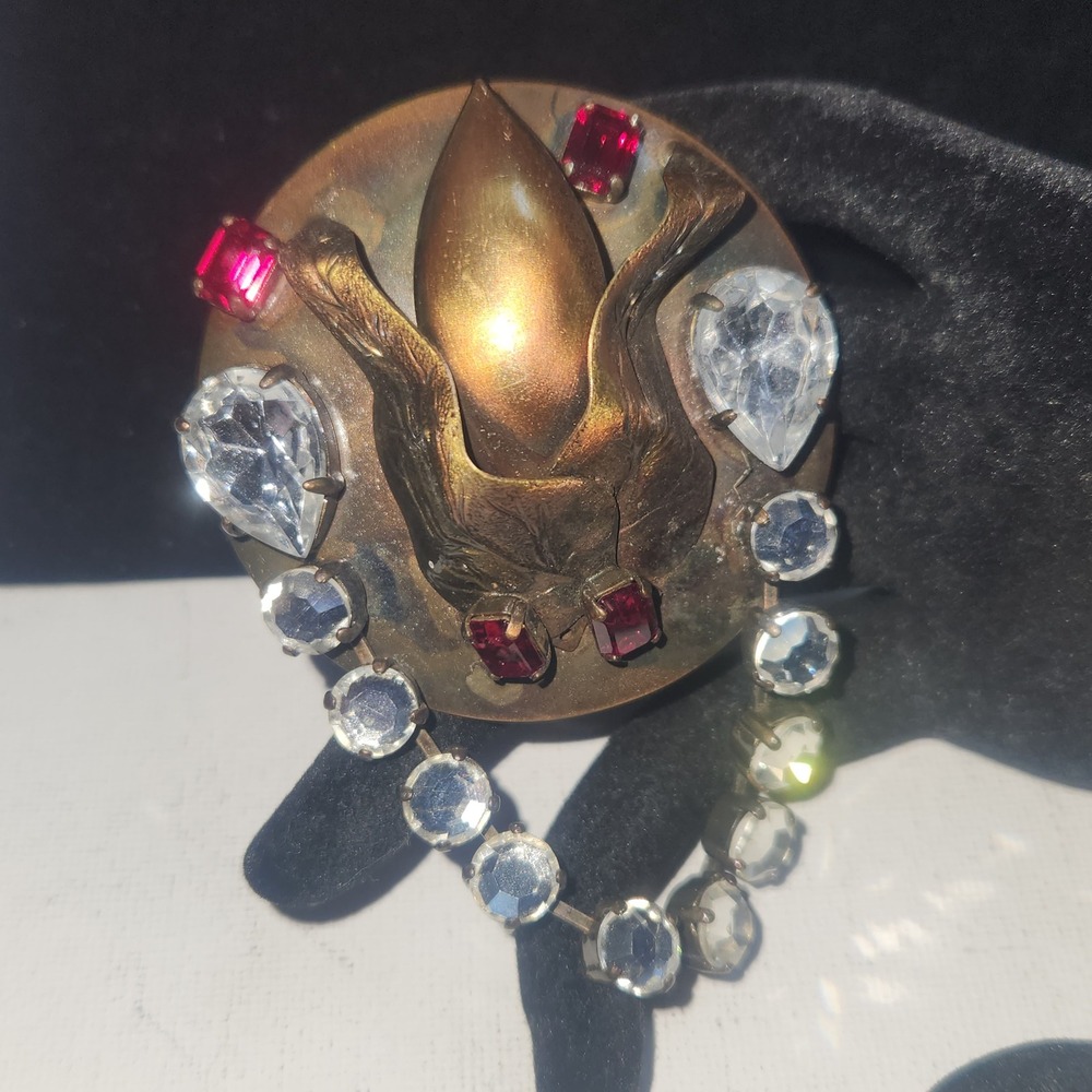 Vintage Brass Tulip Bud Brooch Ruby Red Clear Rhinestone Statement Pin Dangle